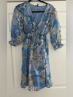 Blue Floral V-Neck Silk  Short Dress